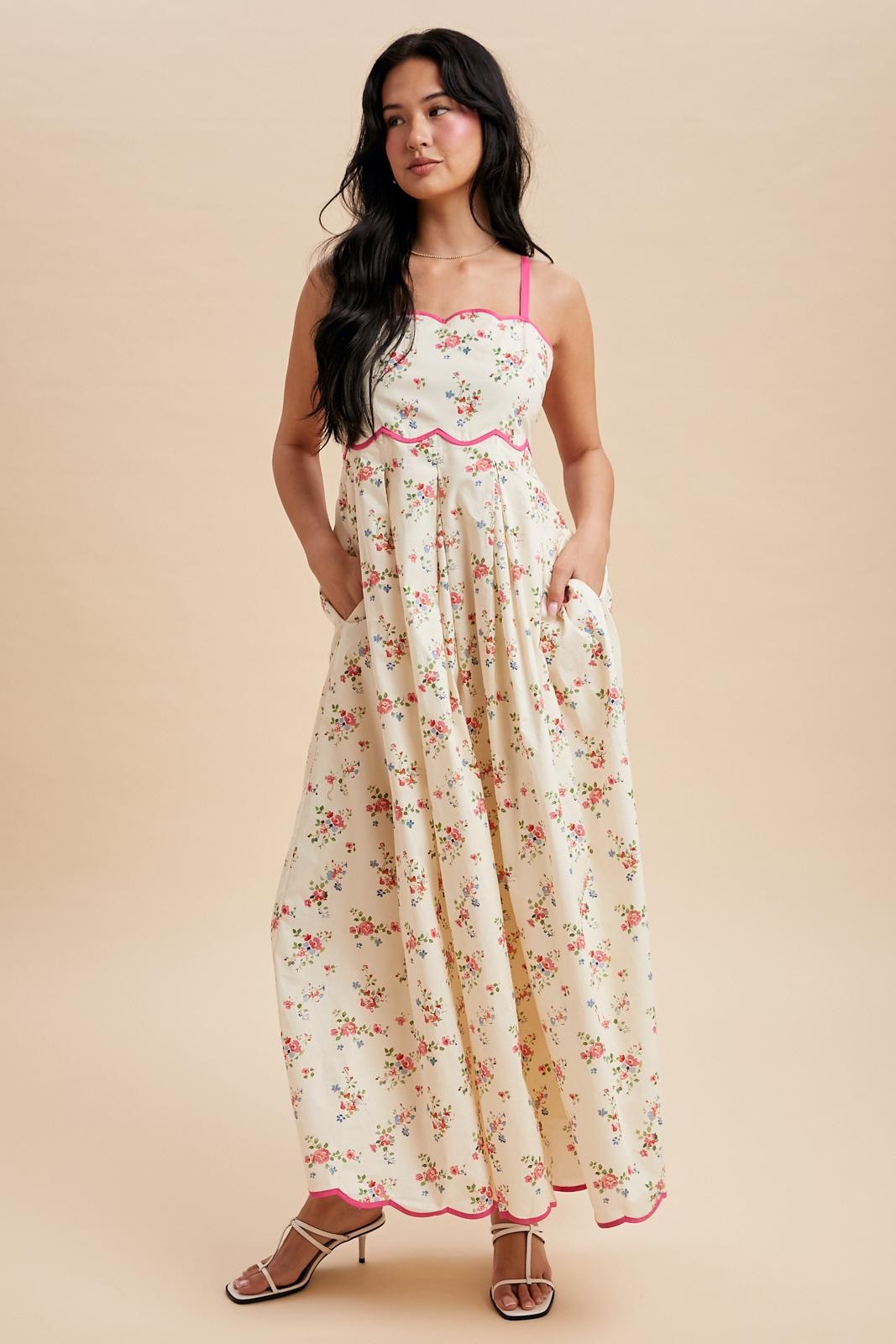 Pink Peony Creme Floral Scalloped Contrast Maternity Maxi Dress