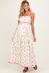 Pink Peony Creme Floral Scalloped Contrast Maternity Maxi Dress
