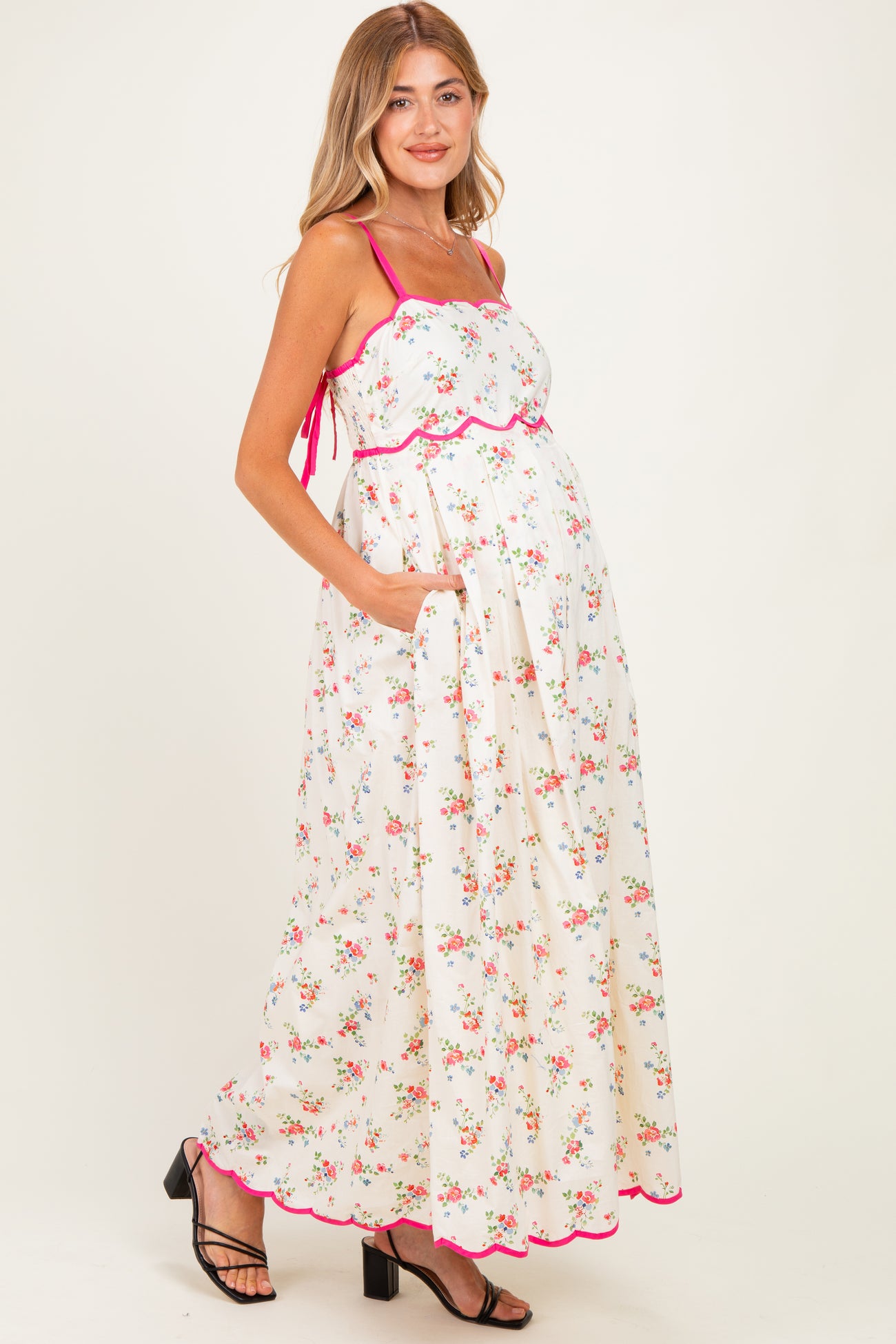Pink Peony Creme Floral Scalloped Contrast Maternity Maxi Dress