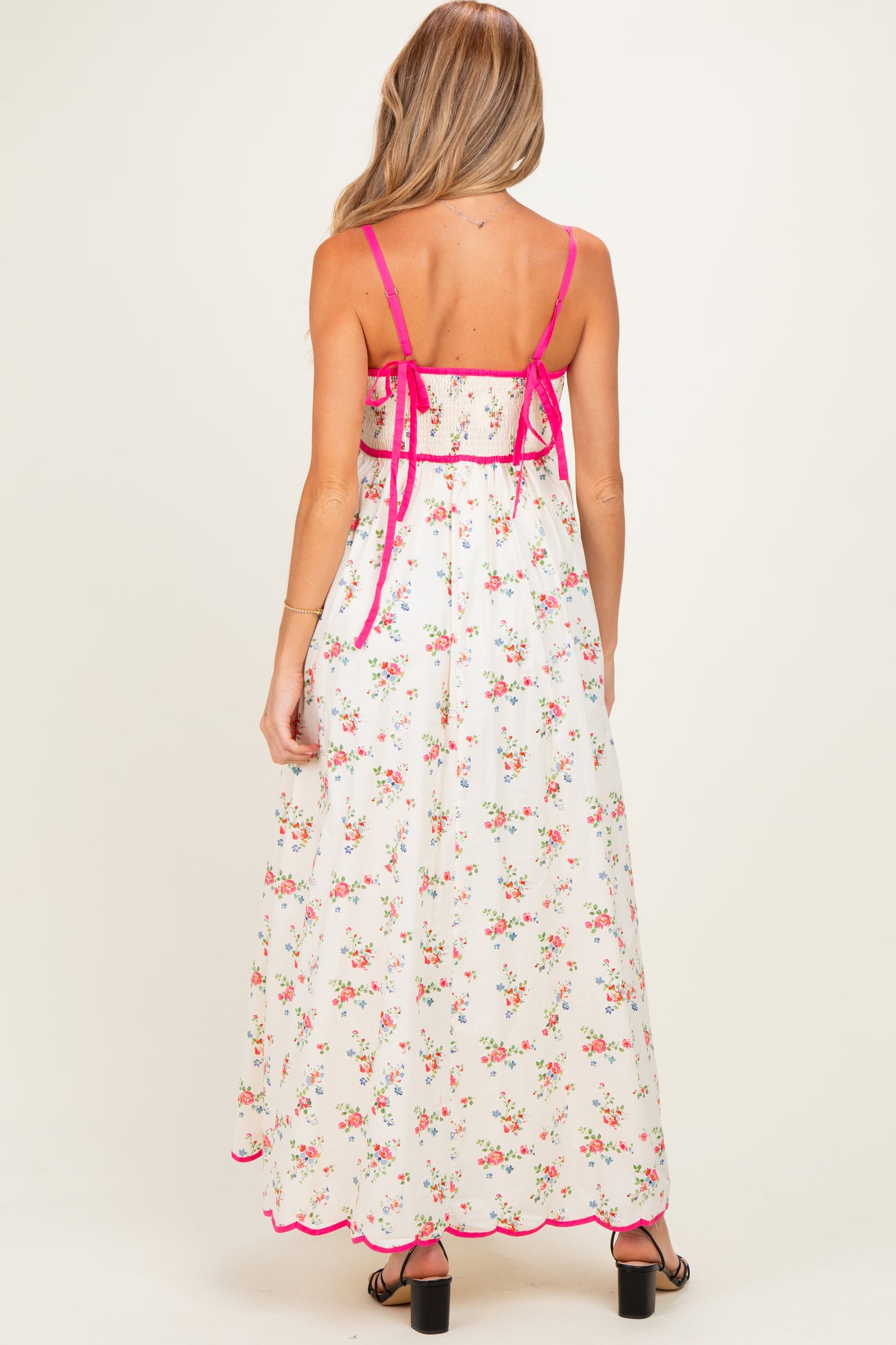 Pink Peony Creme Floral Scalloped Contrast Maternity Maxi Dress