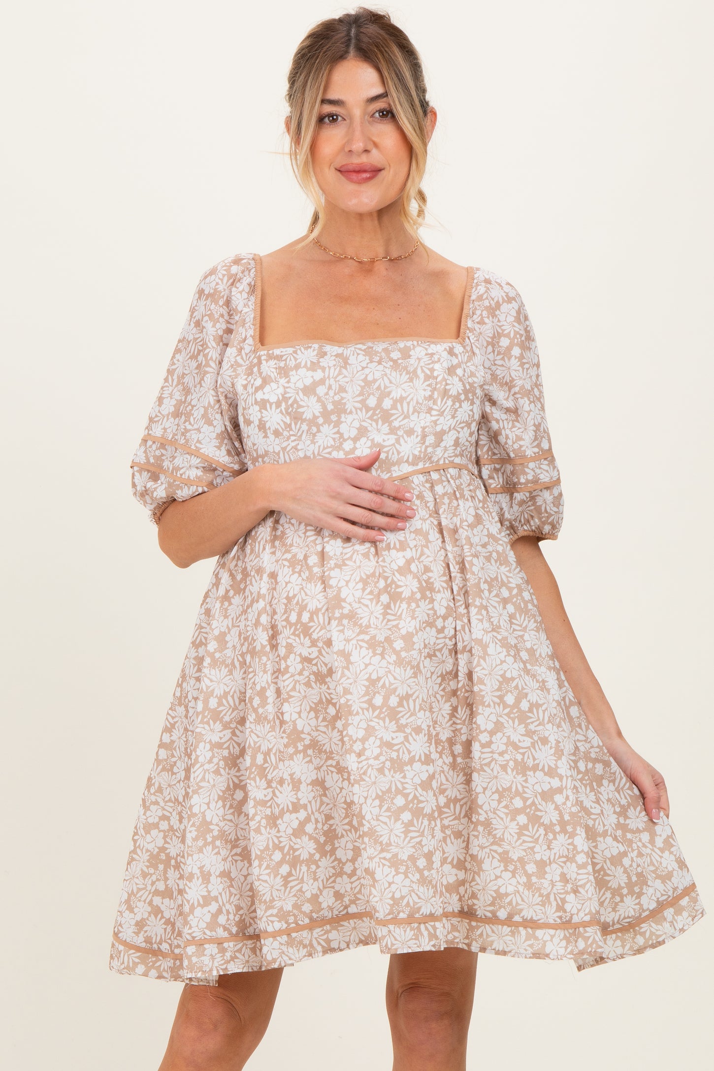 Taupe Contrast Binded Floral Maternity Mini Dress
