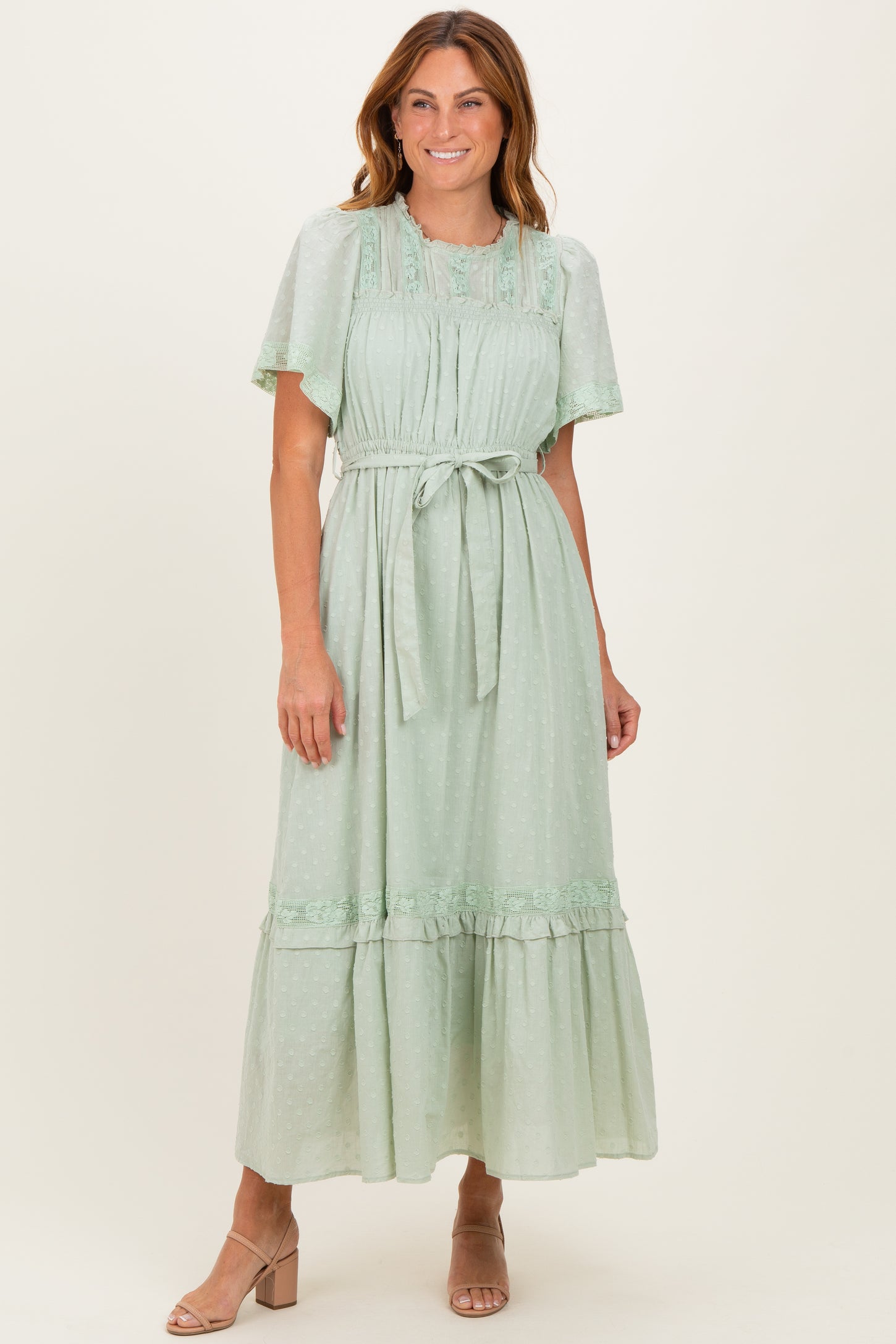Sage Swiss Dot Flutter Sleeve Maternity Maxi Dress
