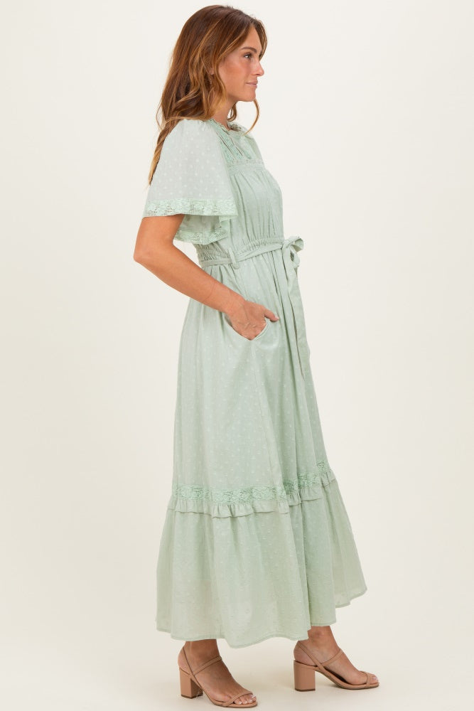 Sage Swiss Dot Flutter Sleeve Maxi Dress