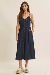 Navy Button-Down Denim Maternity Midi Dress