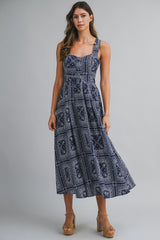 Navy Bandana Print Crisscross Back Midi Dress