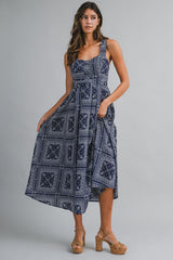 Navy Bandana Print Crisscross Back Midi Dress