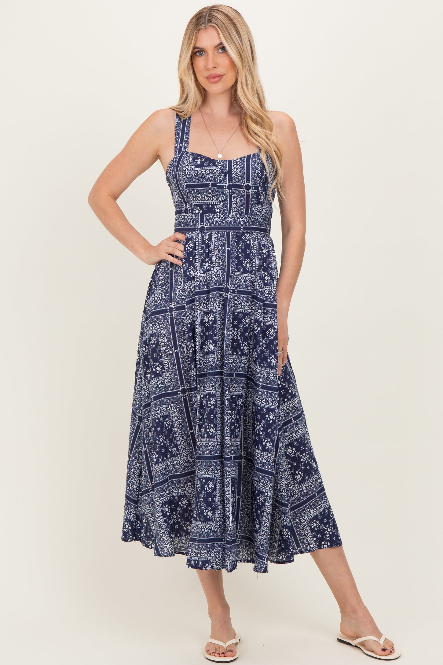 Navy Bandana Print Crisscross Back Midi Dress