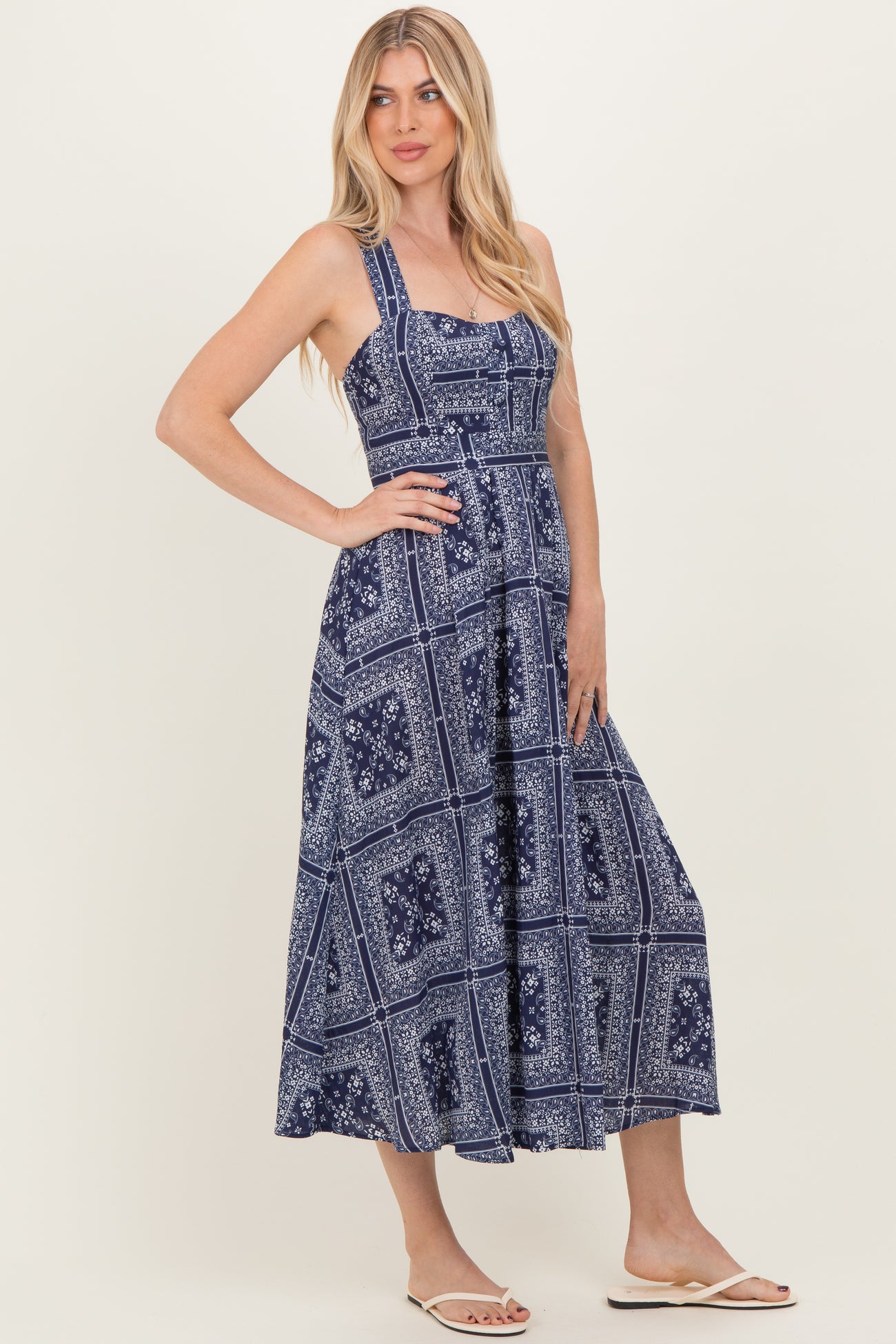 Navy Bandana Print Crisscross Back Midi Dress
