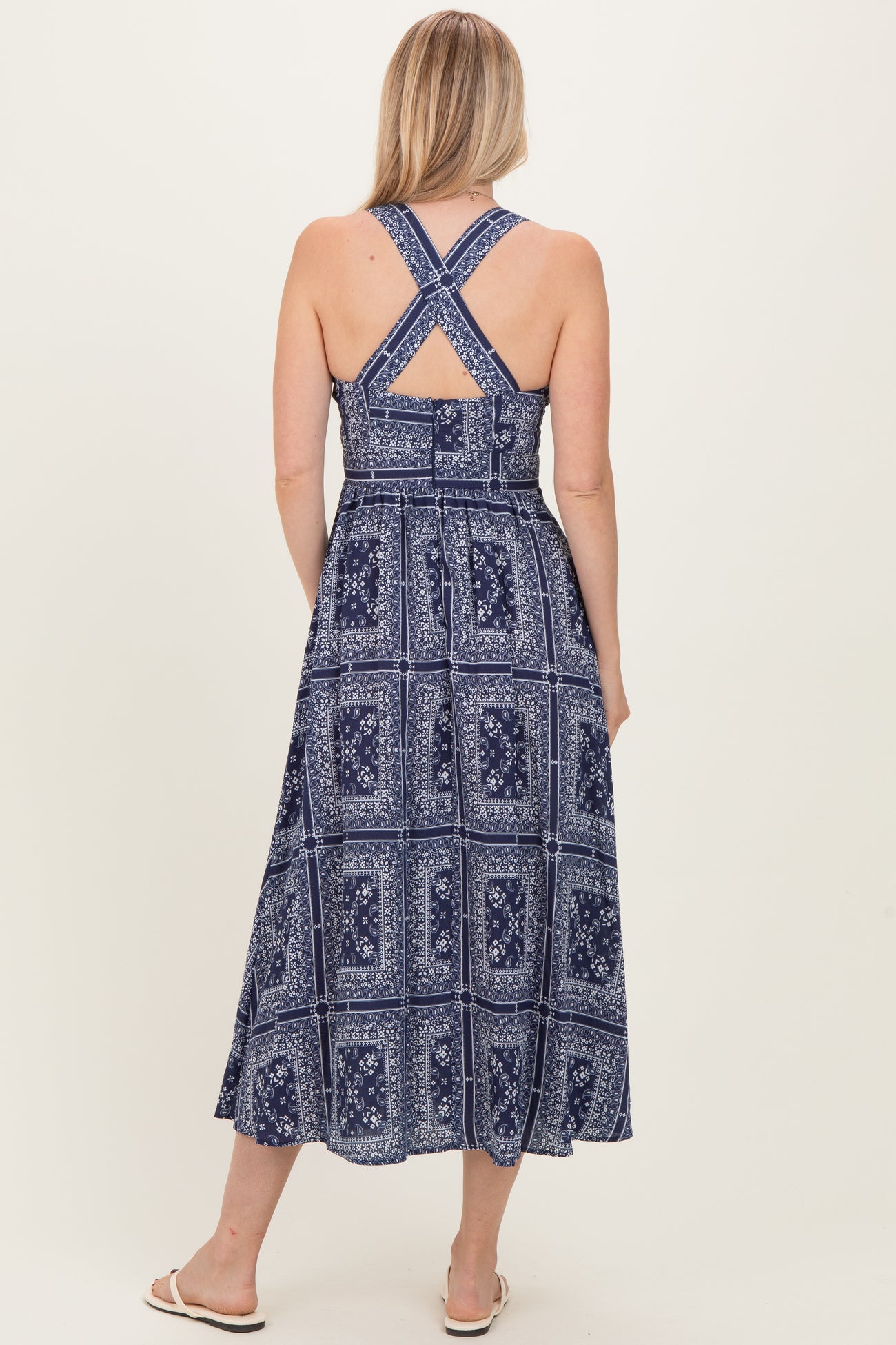 Navy Bandana Print Crisscross Back Midi Dress