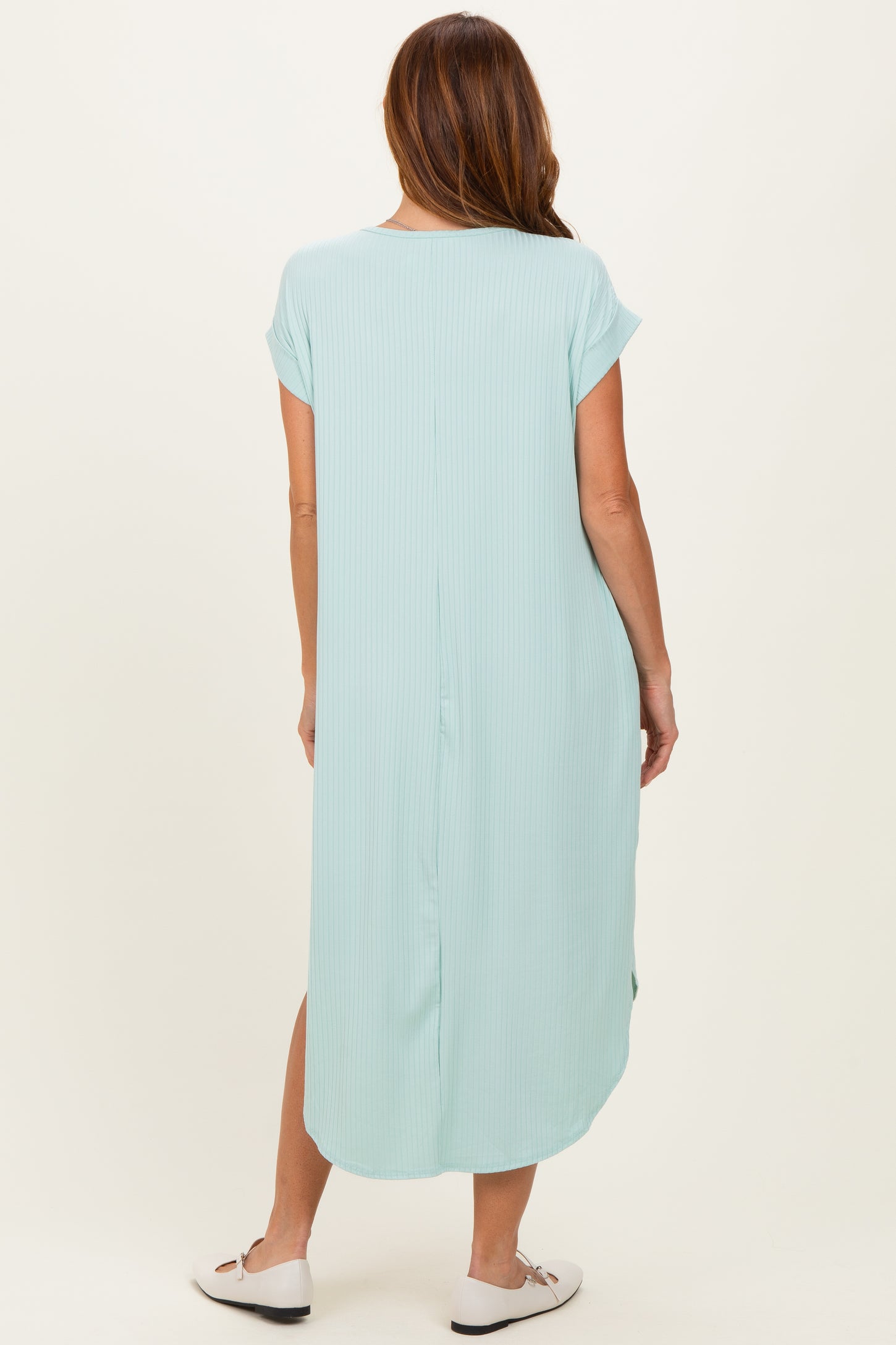 Mint Ribbed Curved Hem Midi Dress