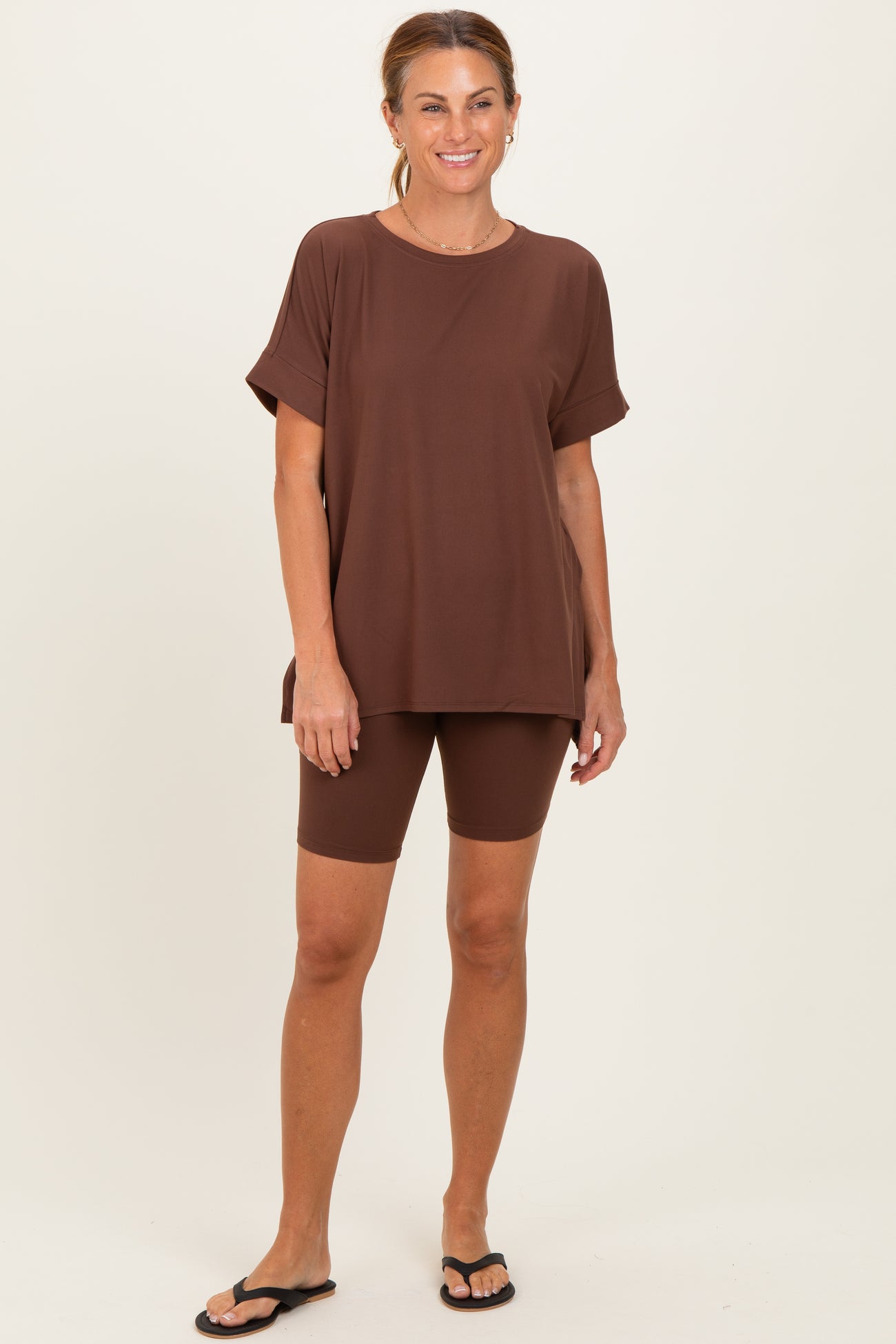 Brown Hi-Low Short Sleeve Tee Biker Short Maternity Set