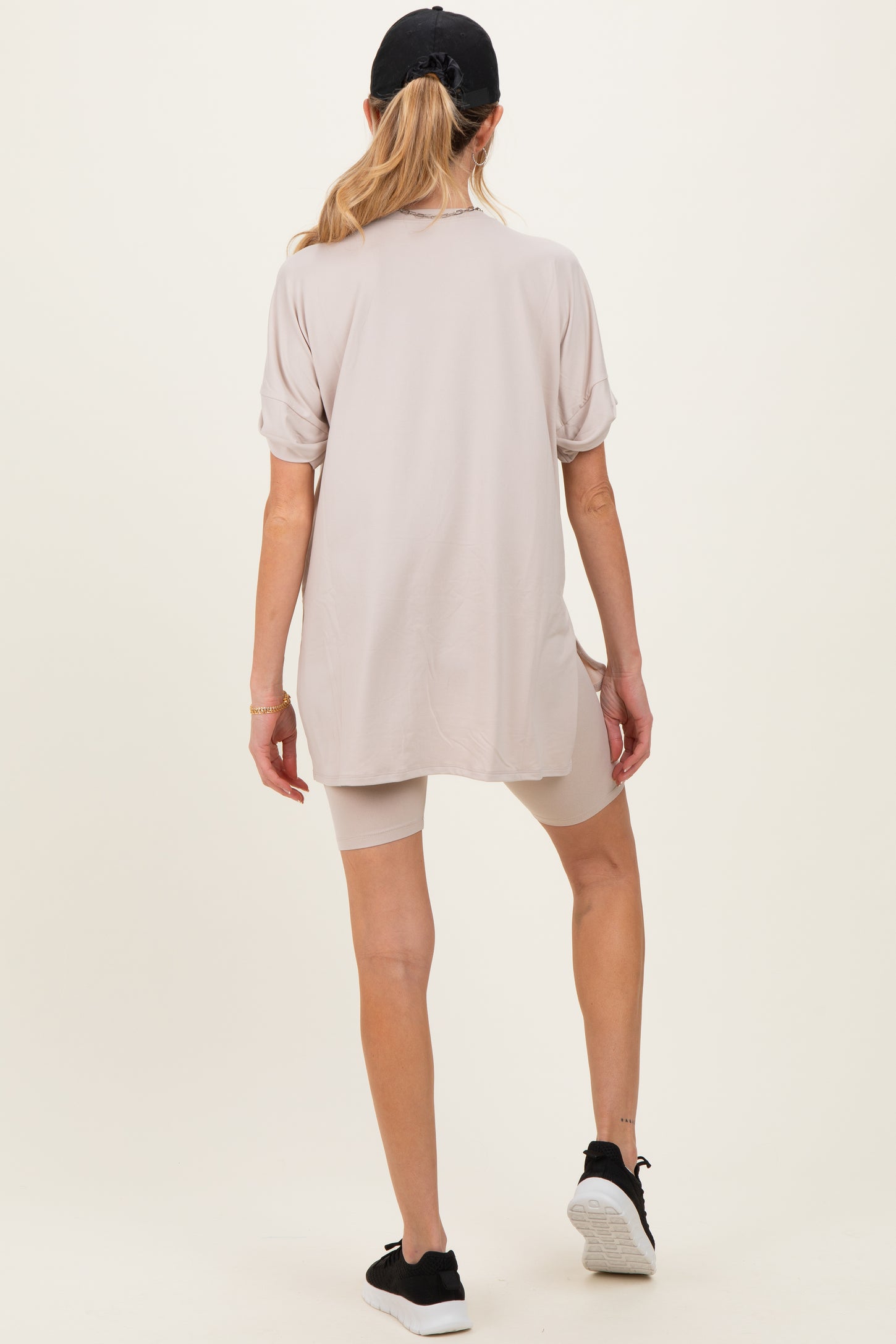 Sand Beige Hi-Low Short Sleeve Tee Biker Short Maternity Set