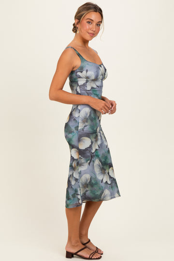 Grey Mesh Floral Sleeveless Midi Dress