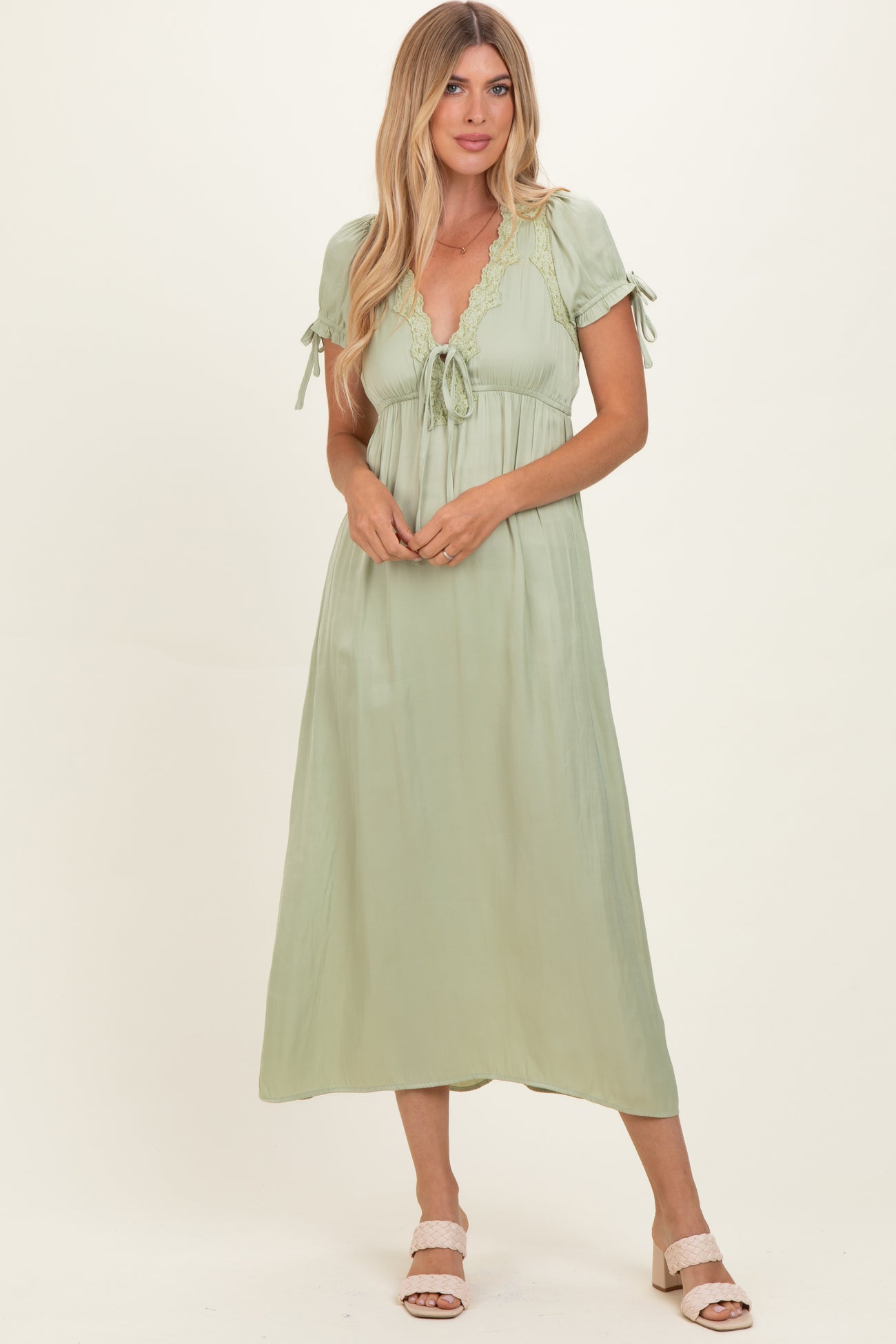Sage Satin Lace Detail Maternity Maxi Dress