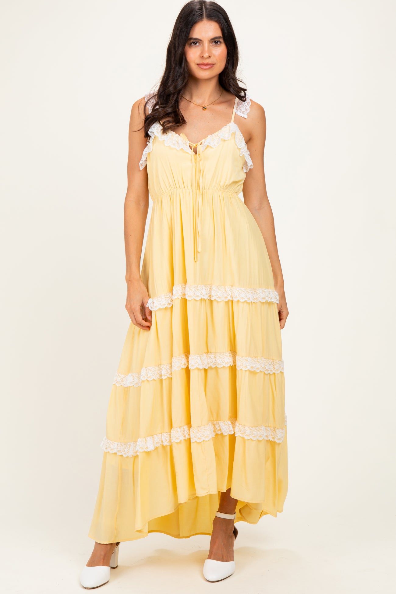 Yellow Lace Trim Tiered Maternity Maxi Dress