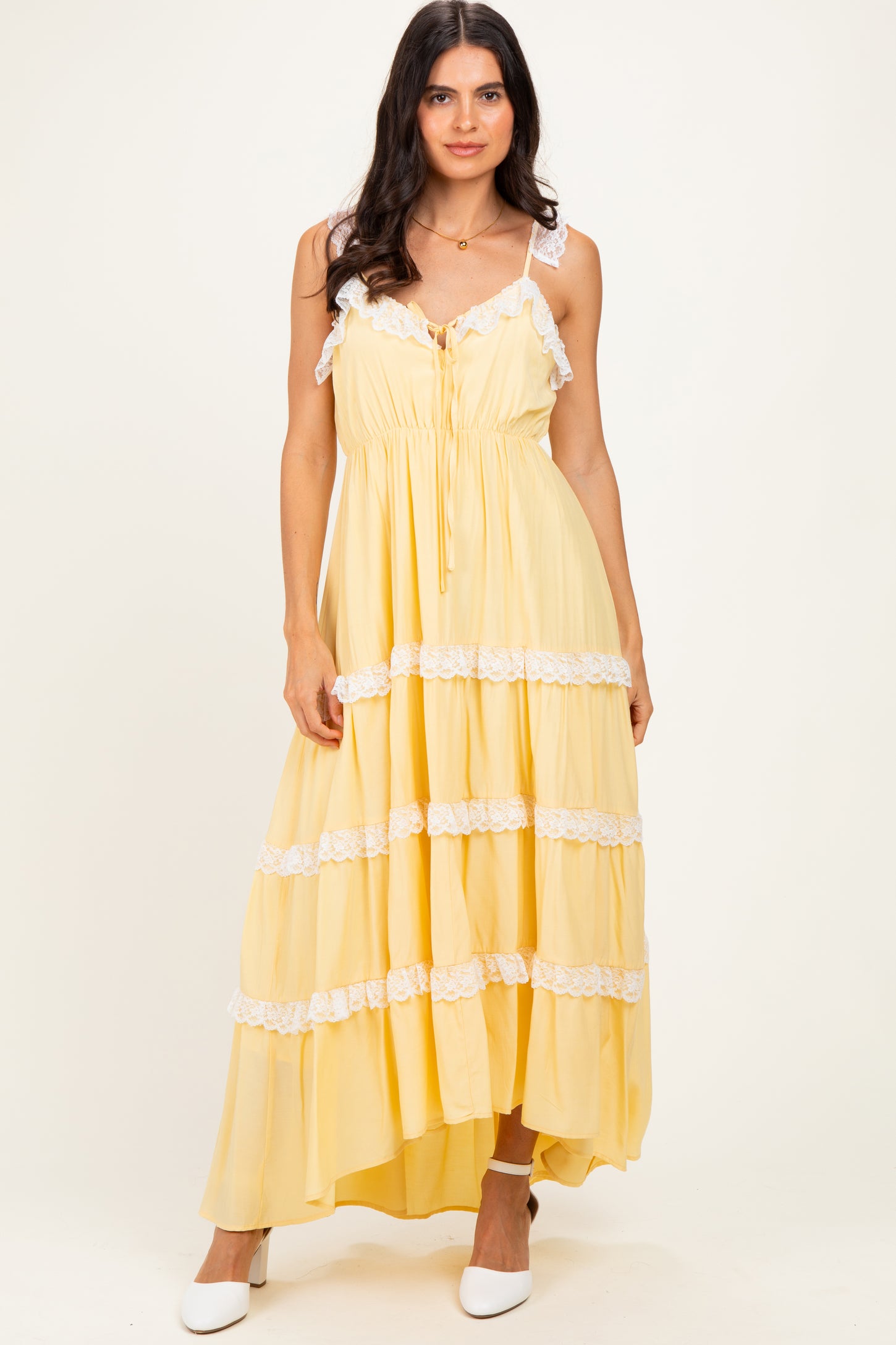 Yellow Lace Trim Tiered Maternity Maxi Dress