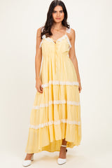 Yellow Lace Trim Tiered Maternity Maxi Dress