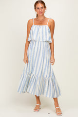 Blue Striped Flounce Shoulder Tie Maternity Midi Dress