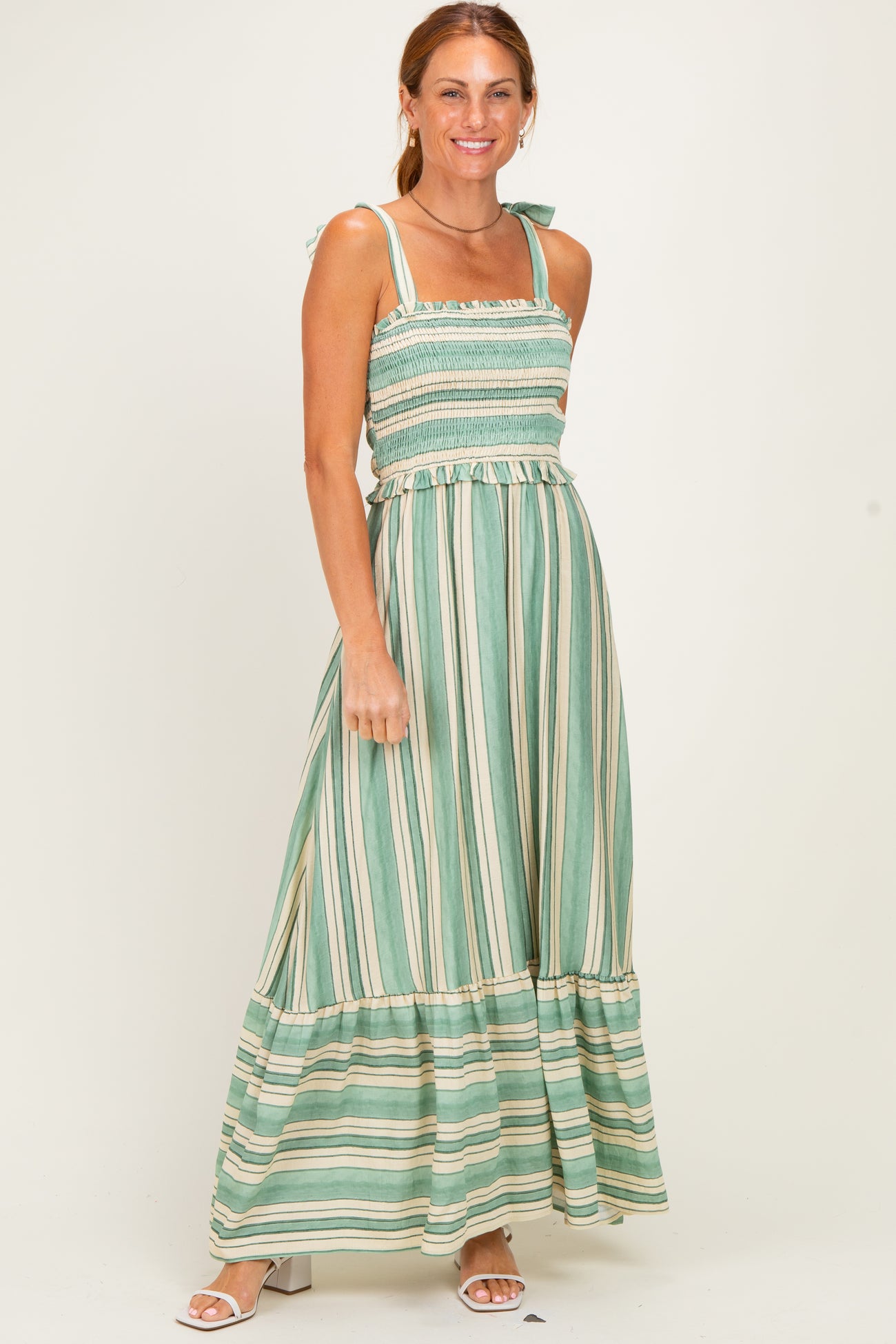 Green Striped Smocked Shoulder Tie Maternity Midi Dress