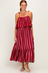 Red Striped Flounce Shoulder Tie Maternity Midi Dress