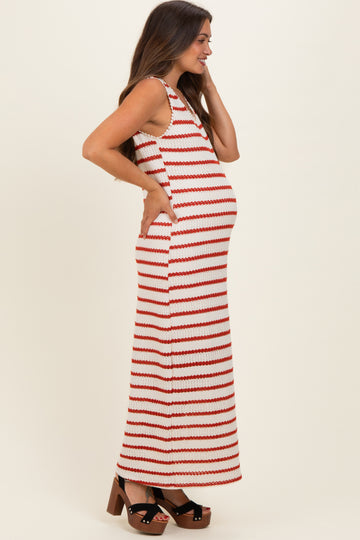 Cream Striped Crochet Knit Sleeveless Maternity Maxi Dress