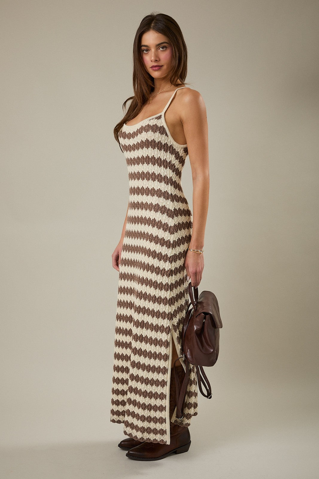 Mocha Knit Striped Sleeveless Maternity Dress