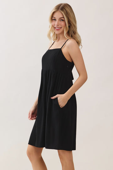 Black Linen Blend Bead Detail Mini Dress