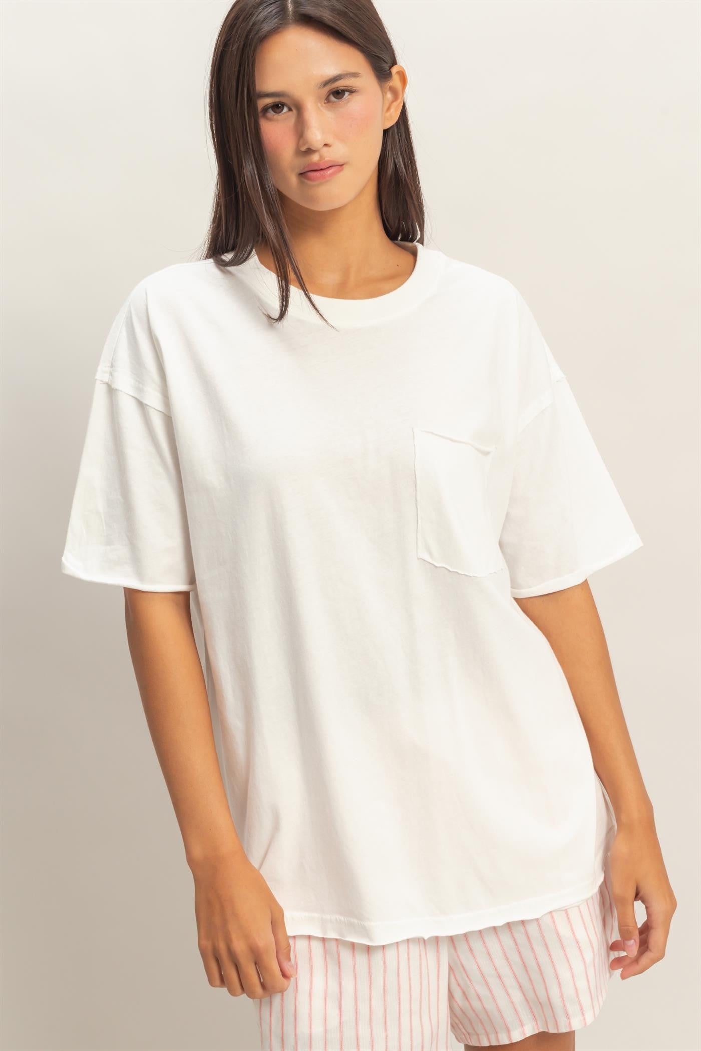 White Vintage Wash Raw Edge Pocket Maternity T-Shirt