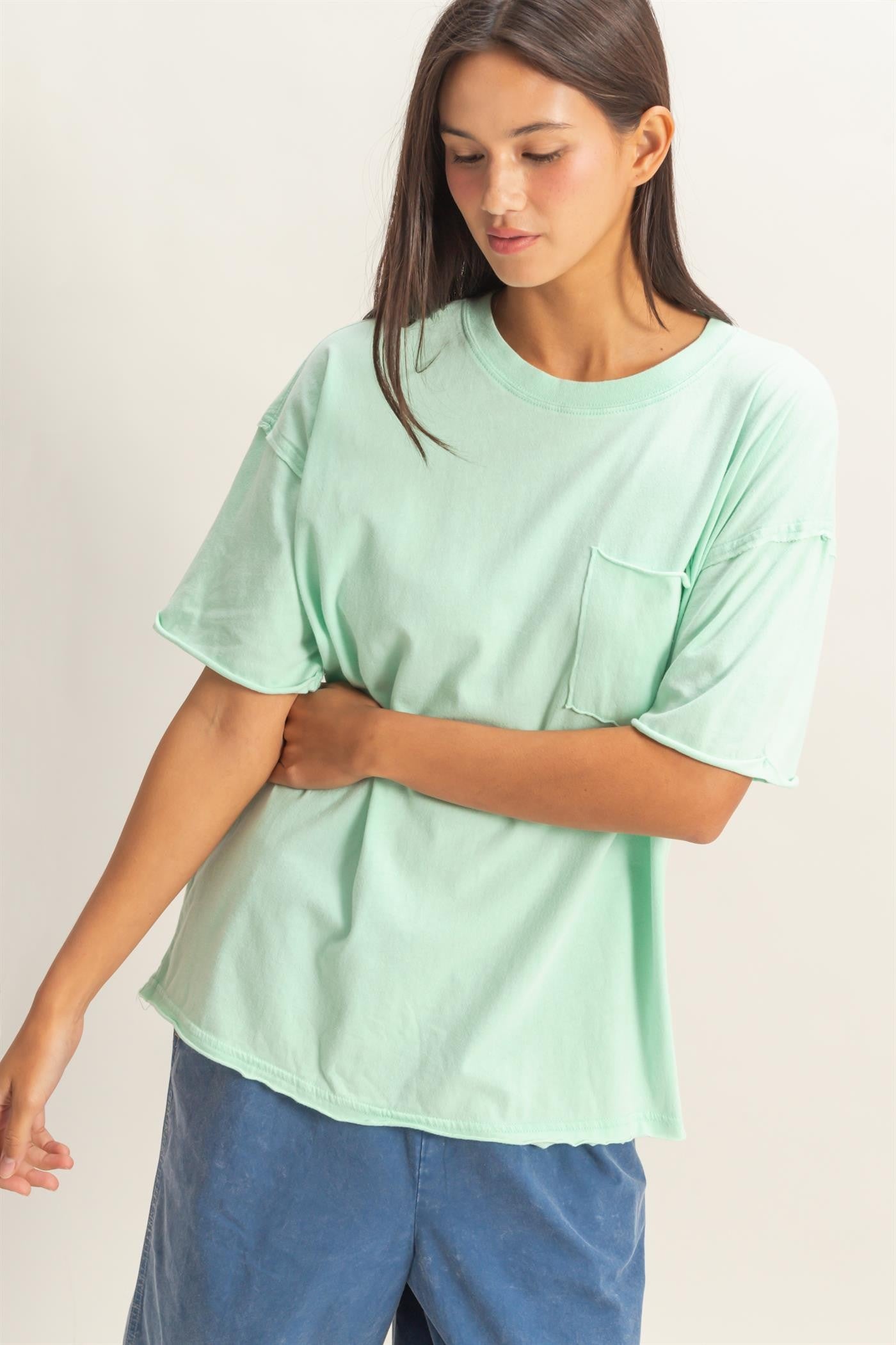Mint Vintage Wash Raw Edge Pocket Maternity T-Shirt
