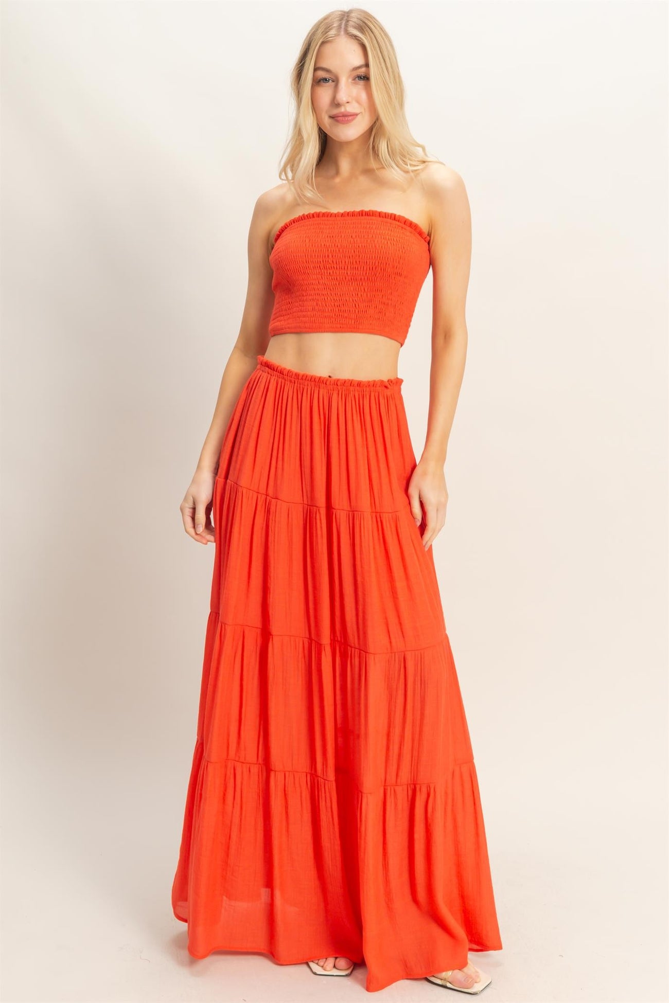 Orange Smocked Tube Top Tiered Skirt Maternity Set