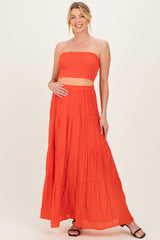 Orange Smocked Tube Top Tiered Skirt Maternity Set