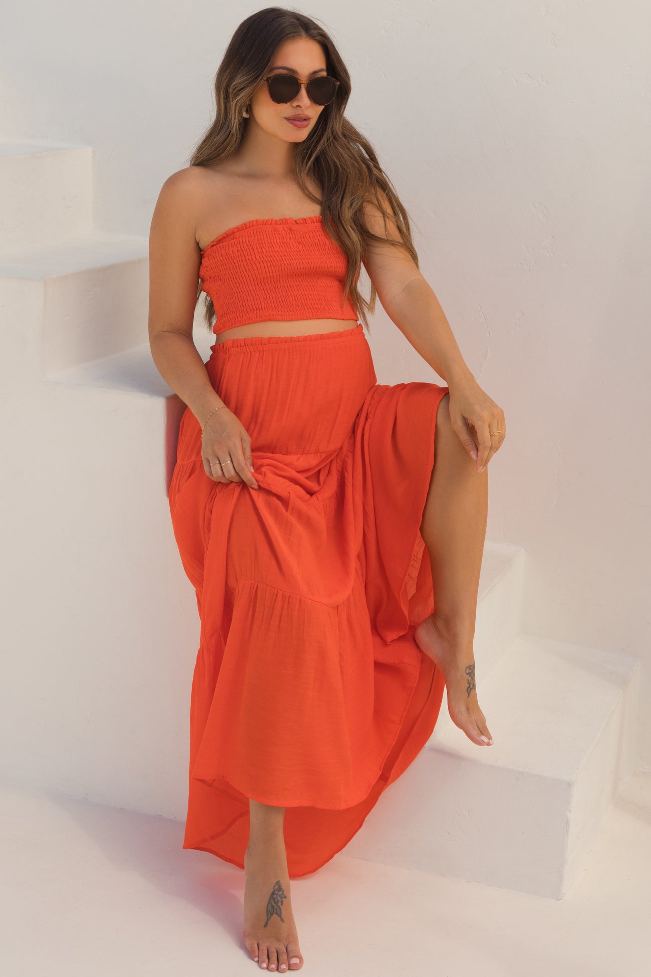 Orange Smocked Tube Top Tiered Skirt Maternity Set