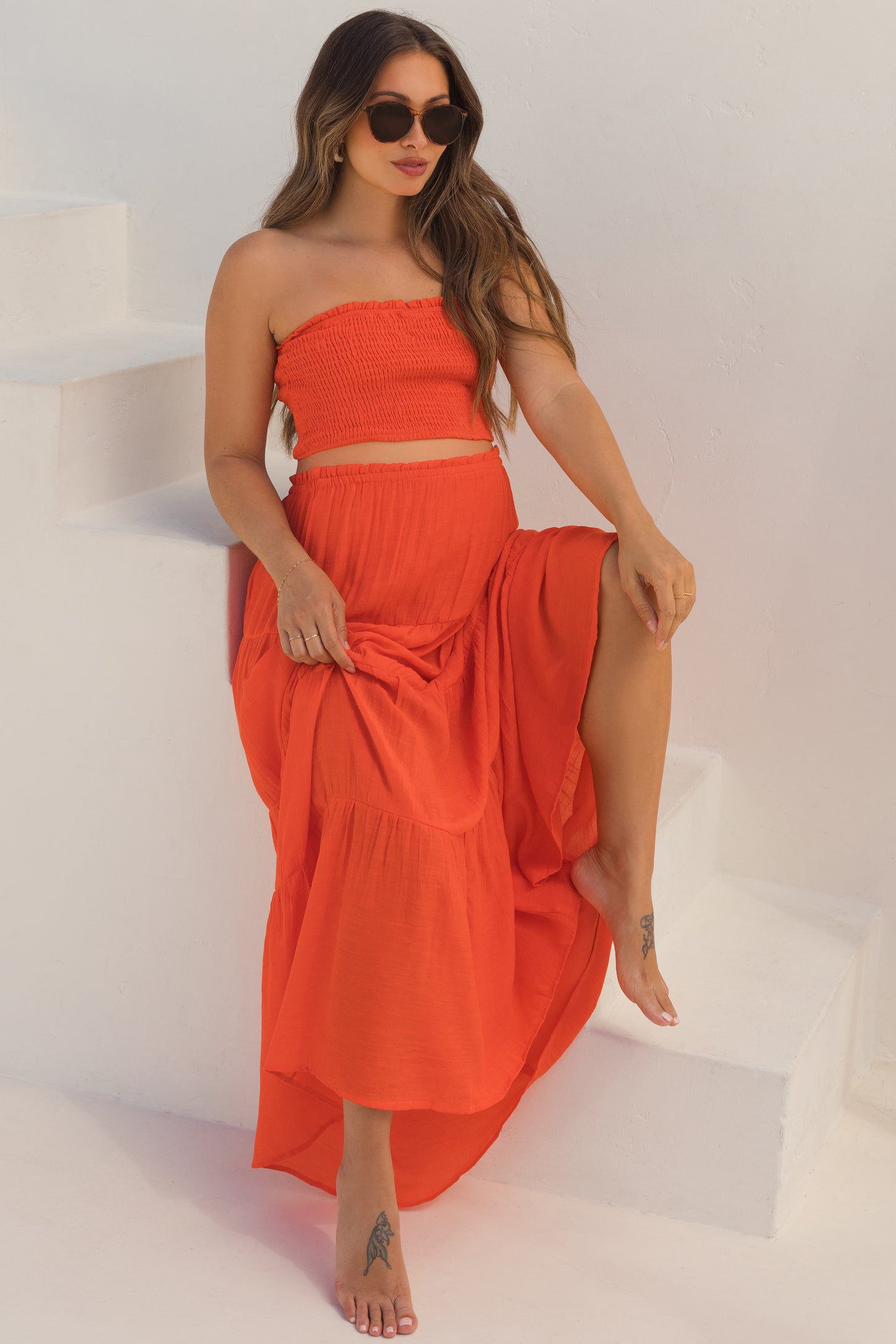 Orange Smocked Tube Top Tiered Skirt Maternity Set