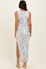 Ivory Floral Ruched Sleeveless Maxi Dress