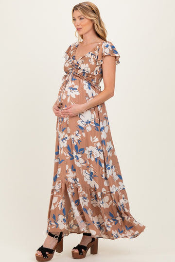 Mocha Floral Cinched Smocked Maternity Maxi Dress