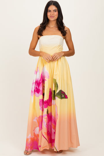 Light Yellow Floral Strapless Maxi Dress