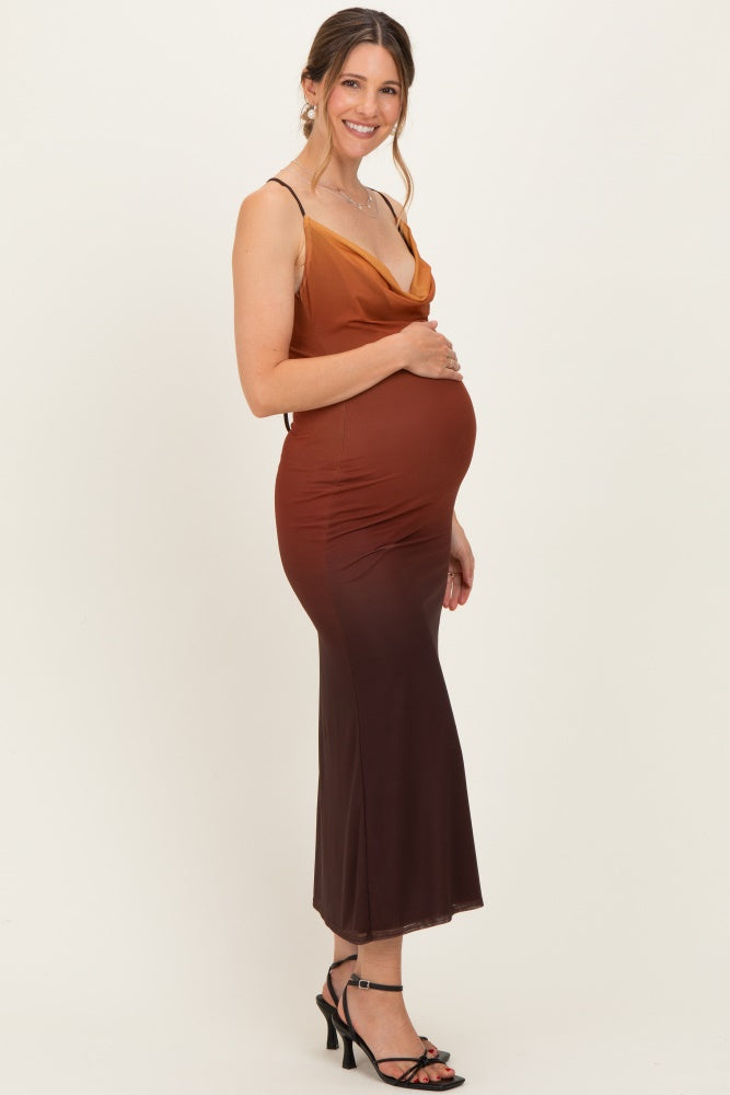 woman wearing an ombre maternity dress with a cowl neck and spaghetti straps, highlighting her baby bump