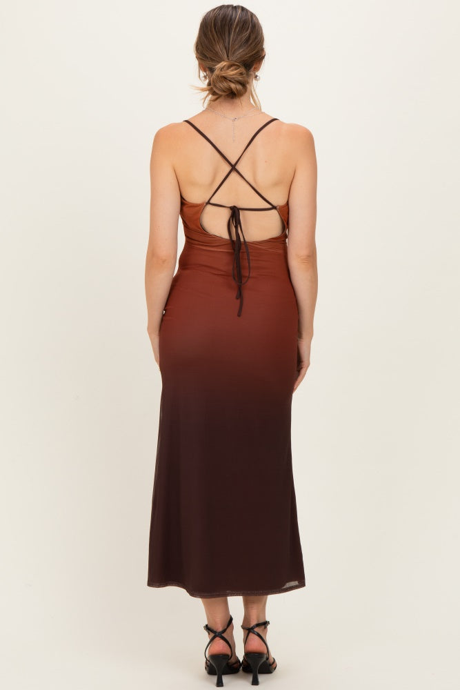 woman wearing a brown ombre maternity dress with a crisscross back and adjustable tie details
