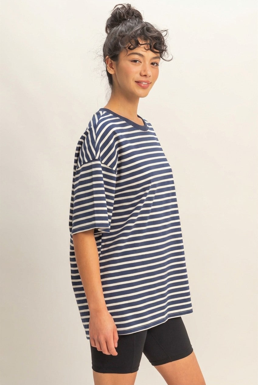 Navy Striped Short Sleeve Crew Neck Oversized Cotton Top