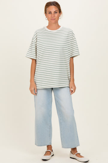 Sage Striped Short Sleeve Crew Neck Oversized Cotton Top