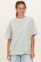Sage Striped Short Sleeve Crew Neck Oversized Cotton Top