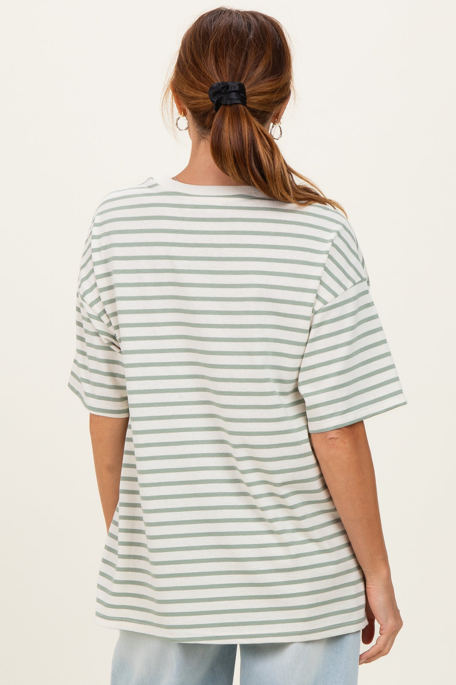 Sage Striped Short Sleeve Crew Neck Oversized Cotton Top