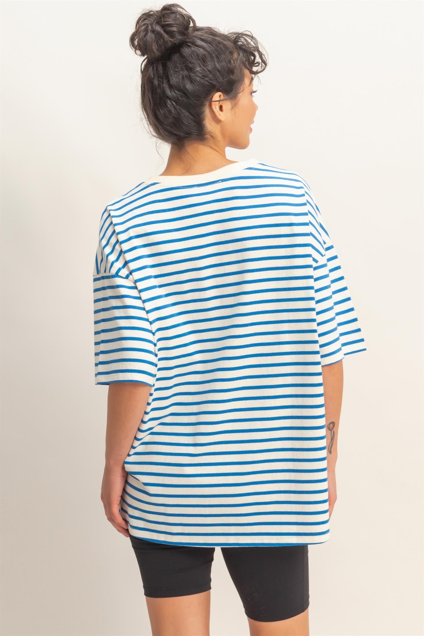 Blue Striped Short Sleeve Crew Neck Oversized Cotton Top