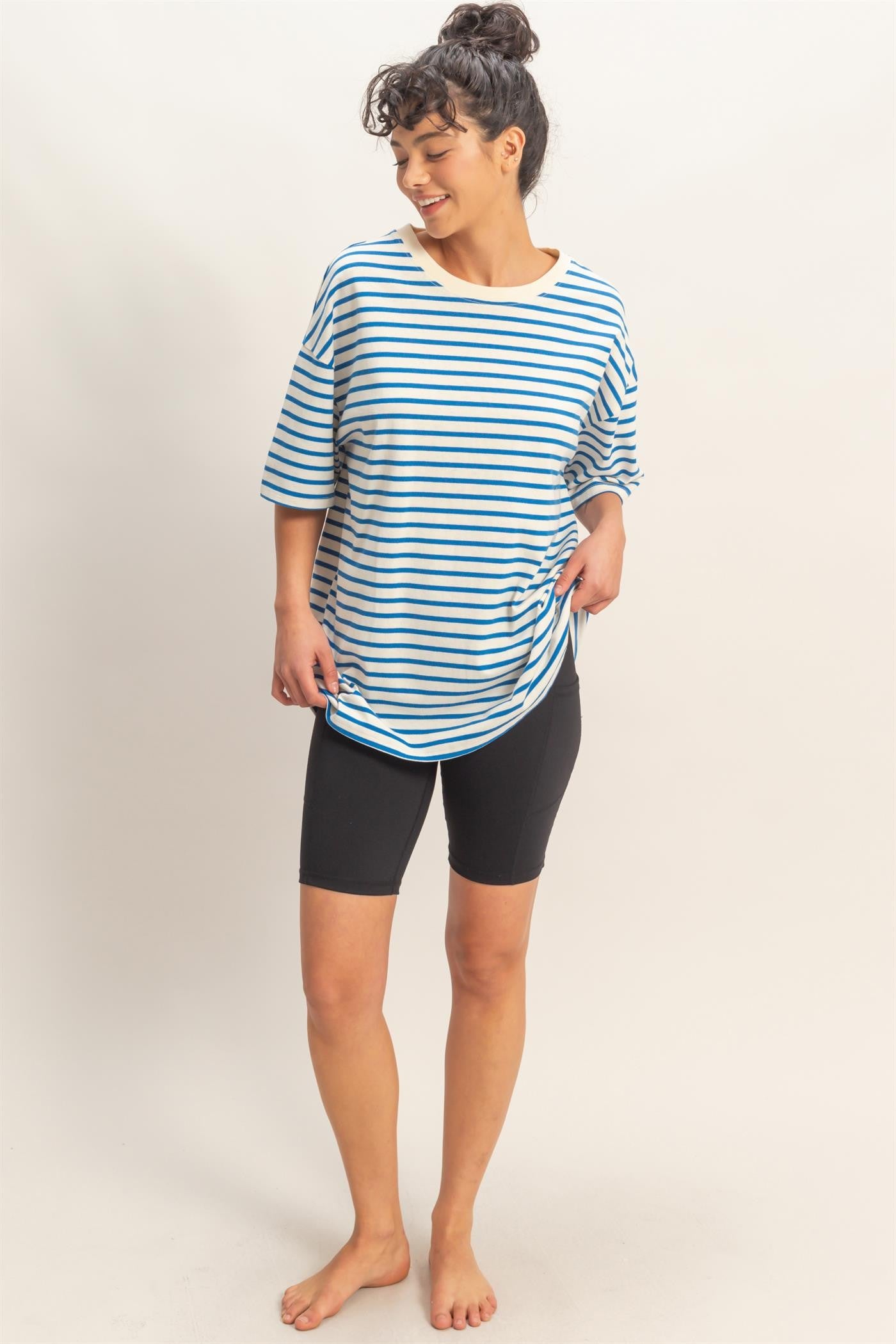 Blue Striped Short Sleeve Crew Neck Oversized Cotton Top