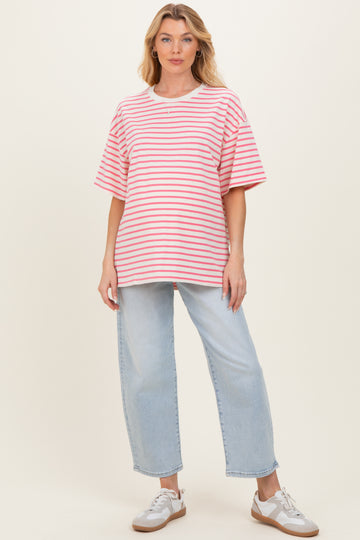 Pink Striped Short Sleeve Crew Neck Oversized Cotton Maternity Top