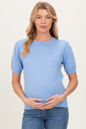 Blue Crew Neck Solid Maternity Sweater