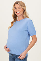 Blue Crew Neck Solid Maternity Sweater