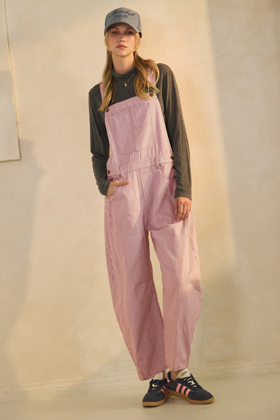 Pink Pinstriped Barrel-Leg Maternity Overalls