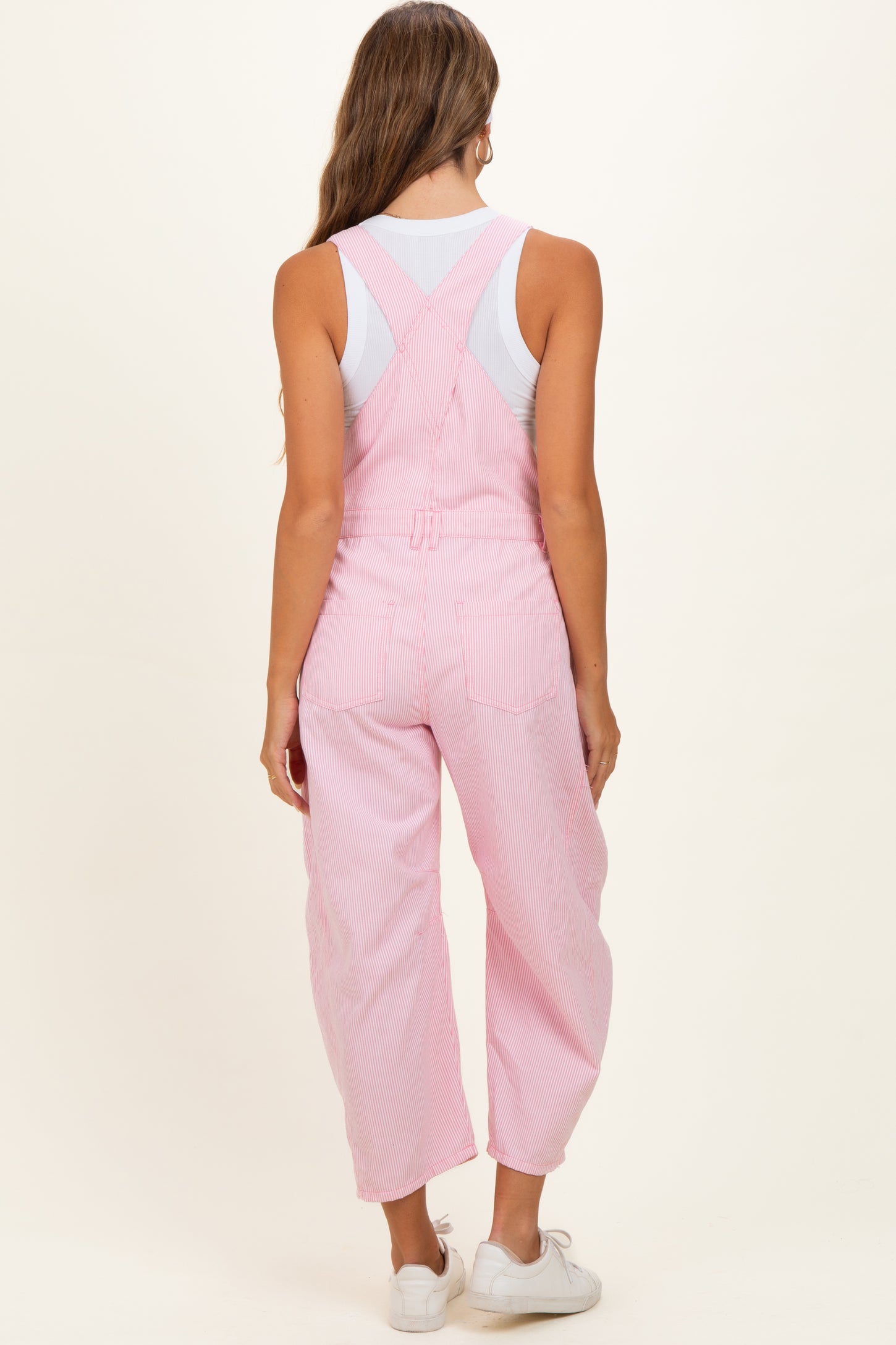 Pink Pinstriped Barrel-Leg Maternity Overalls