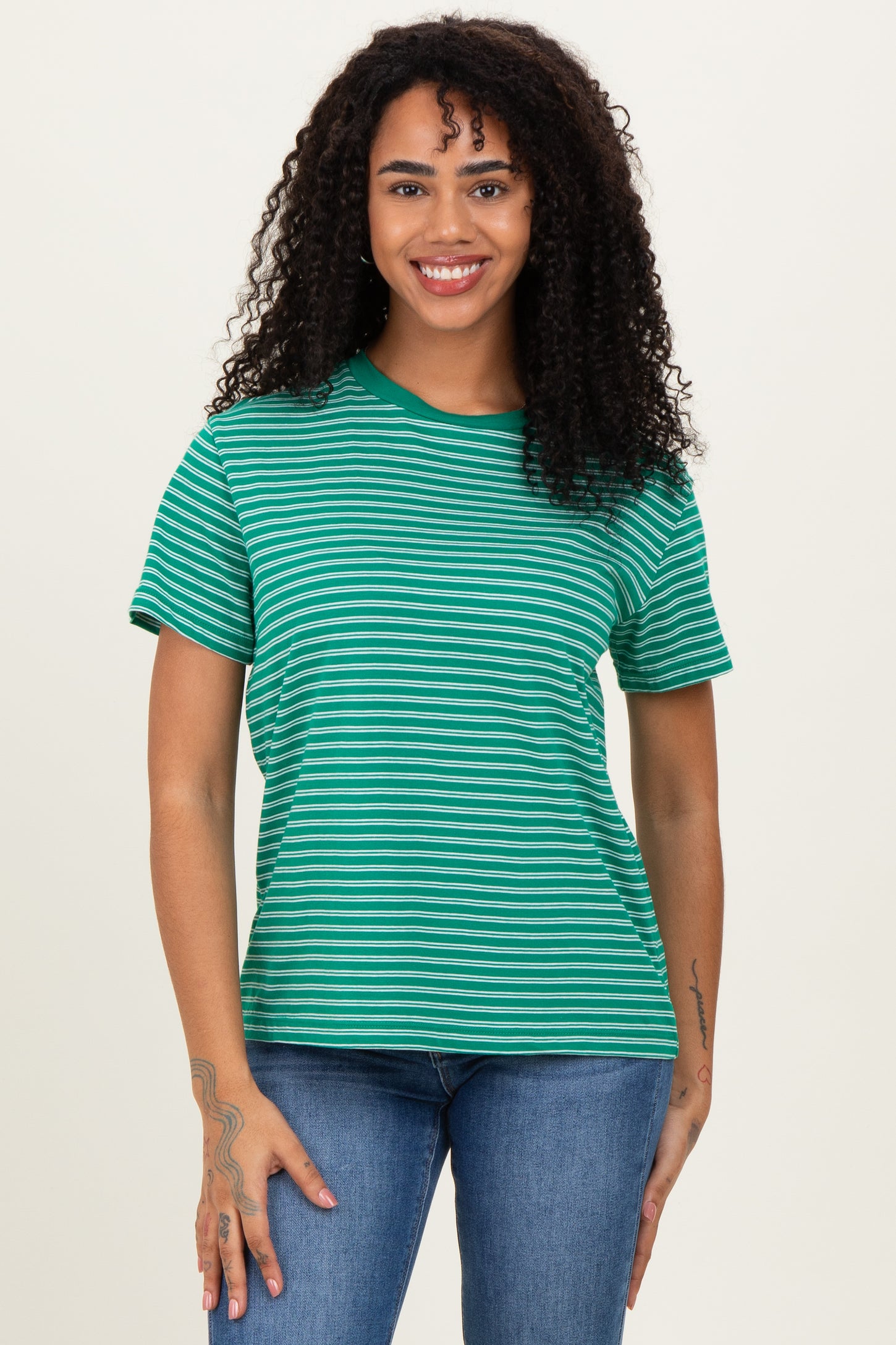 Green/White Short Sleeve Round Neck Stripe Tee